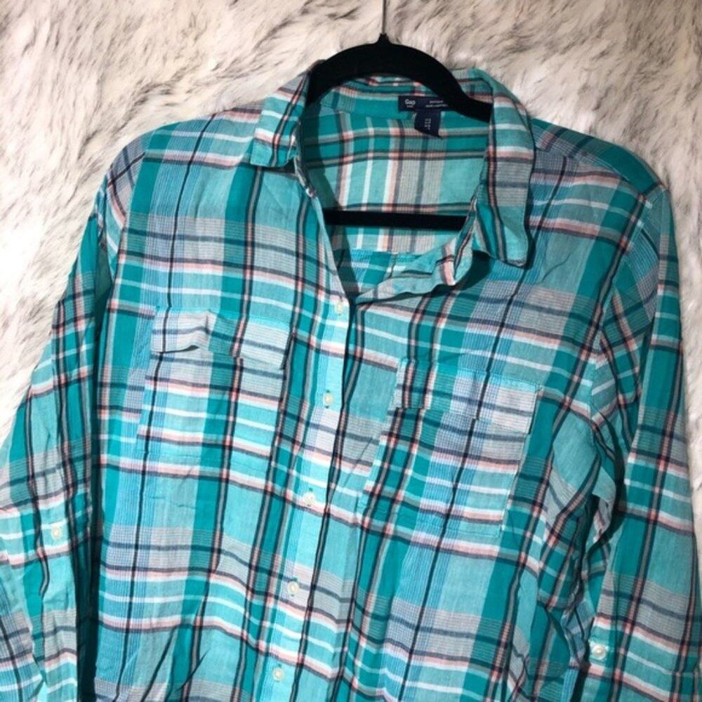 Gap Teal Boyfriend Plaid Button Down Shirt - Picture 5 of 8